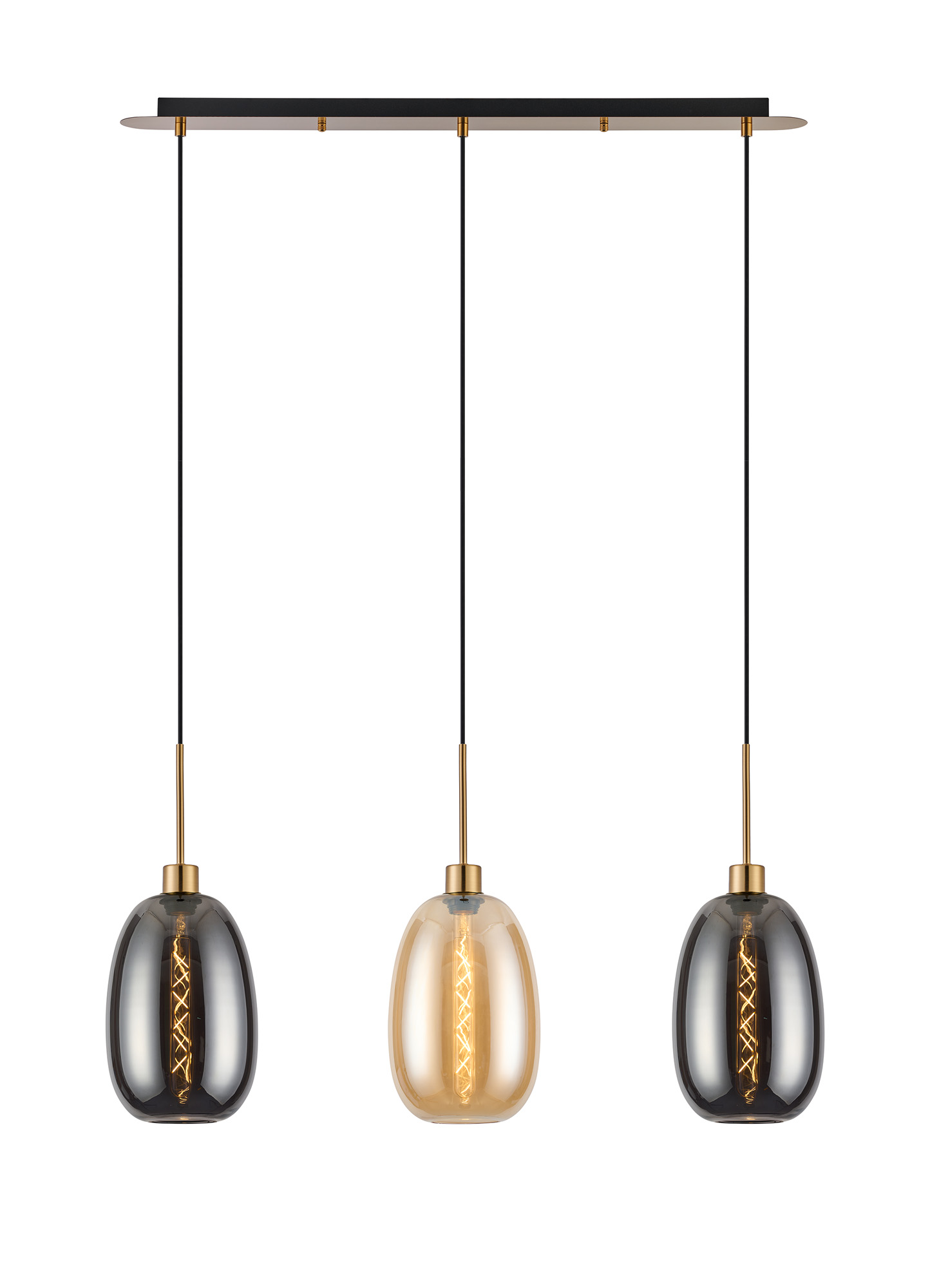 DK1207  Lori Linear Pendant, 3 Light Adjustable E27, Antique Gold/Amber/Smoke Slim Curved Trapezium Shades